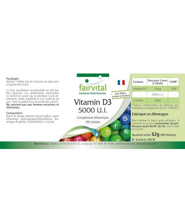Fairvital | Vitamin D3 Highly dosed - 5000 IU - Cholecalciferol - Vitamin D3 in capsules - 180 Pcs - Buy Online on GoSupps.com