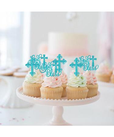 Rsstarxi 24 Pack God Bless and Baptism Cupcake Toppers Glitter Cross God Bless Cupcake Picks Decorations for Babyshower Christian First Communion Baptism Party Cake Decorations Blue - Buy Online on GoSupps.com