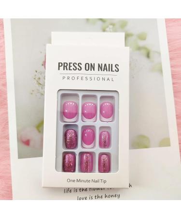 Square Short Fake Nails | Acrylic Press on Nails Rose Pink Glitter | 24 Pcs Full Cover French Tip for Women - Buy Online on GoSupps.com