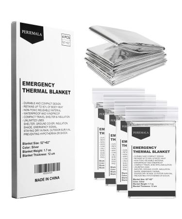 PERIEMALA Emergency Blankets for Survival Gear (Pack of 4) Camping Blanket Emergency Blanket Thermal Blanket Space Blanket Survival Blanket Mylar Blankets First Aid Supplies Outdoors Foil Silver 4 Pcs
