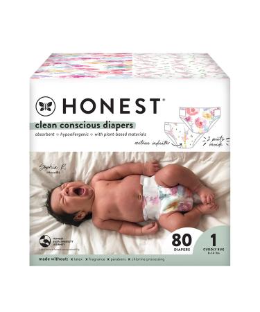 The Honest Company Clean Conscious Diapers | Plant-Based, Sustainable | Rose Blossom + Tutu Cute | Club Box, Size 1 (8-14 lbs), 80 Count Size 1 Rose Blossom + Tutu Cute