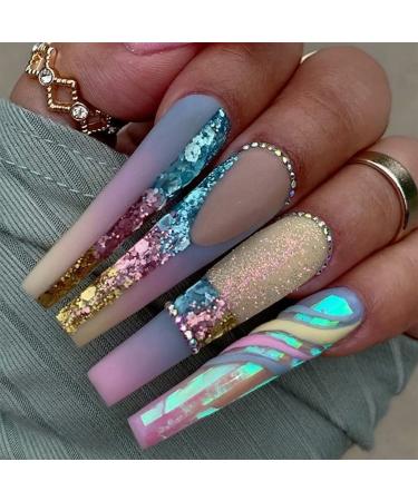 Extra Long Press on Nails Coffin Fake Nails Full Cover False Nails with Colorful Sequins Designs Acrylic Stick on Nails Rhinestones Matte with Glue on Nails for Women 24Pcs Long Coffin 3