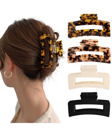 Two Cherry 4.1 Inch Large Hair Claw Clips for Women  Non-slip Acetate Square Tortoise Hair Clips for Thick Hair Thin Hair  Fashion French Design Celluloid Leopard Print Big Claw Hair Clips (4 Pieces) A.Tortoise Series