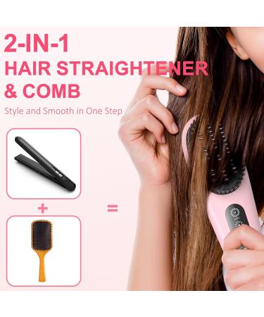 Portable Cordless Hair Straightener Brush with LCD Display - Lightweight Travel Edition - 100 Million Negative Ions for Effortless Styling - Pink - Buy Online on GoSupps.com