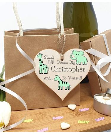 Personalised Wooden Hanging Heart Plaque - Be Brave Dream Big Be Yourself | Green Safari Animals Nursery Decor - Buy Online on GoSupps.com