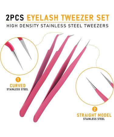 Sibba Eyelash Tweezers Set - 2 Stainless Steel Precision Tools with Straight & Curved Tips for Eyelash Extensions - Pink - Buy Online on GoSupps.com