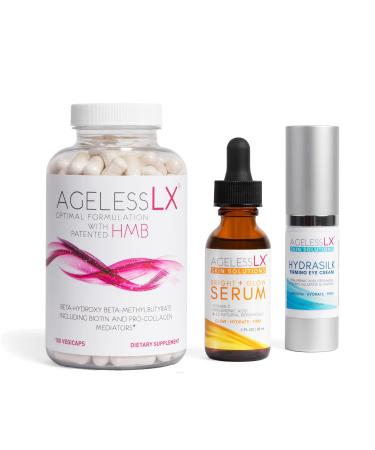 AgelessLX Supplement Capsule for Women with HMB + Hydrasilk Eye Cream 0.5 OZ + Bright Glow Face Serum 1 Fl OZ for Women Bundle
