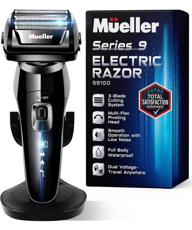 Mueller Electric Razor for Men, Wet/Dry, Rechargeable, LED, 40,000 Cross-Cutting Actions/Min for Closest Shave, 5-Element Cutting System, Precision Trimmer, Better Than Razors That Cost a Lot More Black