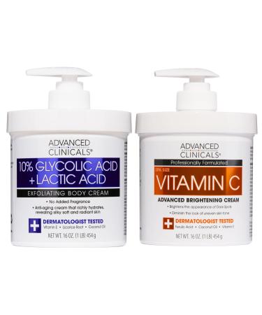 Advanced Clinicals Brightening Vitamin C Body Cream + AHA Exfoliating 10% Glycolic Acid & Lactic Acid Lotion 2PC Skincare Set For Women & Men To Reduce Appearance Of Dark Spots & Uneven Skin Tone 10% Glycolic Acid + Vitamin