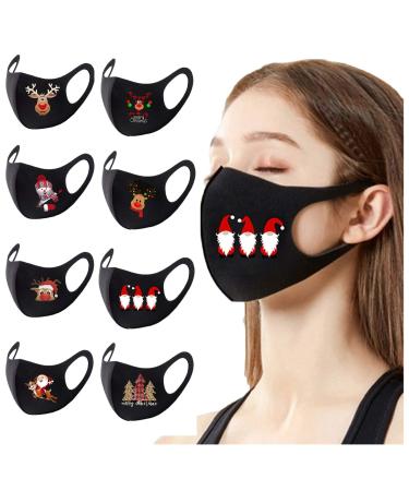 DEHOLIFER 8 pieces adult mouth protection black breathable washable mouth and nose protection Christmas fabric mask cotton mouth protection adjustable oral