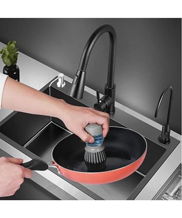 Soap Dispensing Palm Scrub Brush with Drip Tray Dish Washing Brush for Dishes Pots Pans Sink CleaningMini Scrub Brush with Stand Kitchen Scrubber Storage Stand Set (Gray) - Buy Online on GoSupps.com