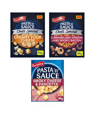Generic Batchelors Pasta & Sauce Creamy Four Cheese Batchelors Pasta & Sauce Caramelised Onion & Smoky Bacon Batchelors Pasta & Sauce Low Fat Cheese & Pancetta