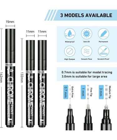 3Pcs Silver Liquid Mirror Chrome Markers Set - Permanent Reflective Paint Pens for Art, Car DIY, Model Repair - 0.7mm, 1mm & 3mm - Buy Online on GoSupps.com