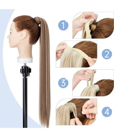 Sleek Silk-co 28 Inch Clip-In Ponytail Hairpiece in Light Brown & Blond - Heat-Resistant Fiber - Women's Straight Ponytail Extension - Buy Online on GoSupps.com