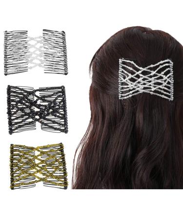 Magic Hair Combs Crystal Beads Hair Slides 3 Pieces Elastic Pearls Double Comb Decorative Stretchy Hair Comb Clip DIY Hair Accessories Vintage Double Slide Clips for Women Ladies Girls