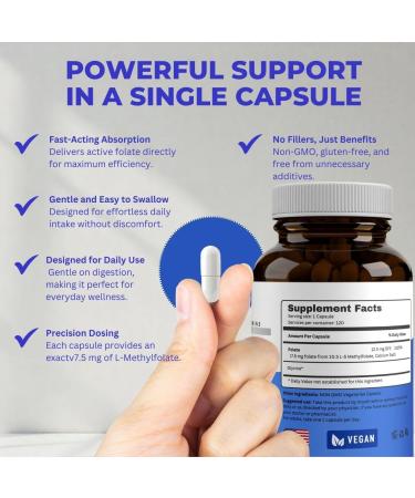 L Methylfolate 7.5 mg | 120 Caps | Value Pack | Max Potency | Active Folate | Gluten Free | Methyl Folate 5-MTHF | No Filler Doctor Designed and Formulated - Buy Online on GoSupps.com