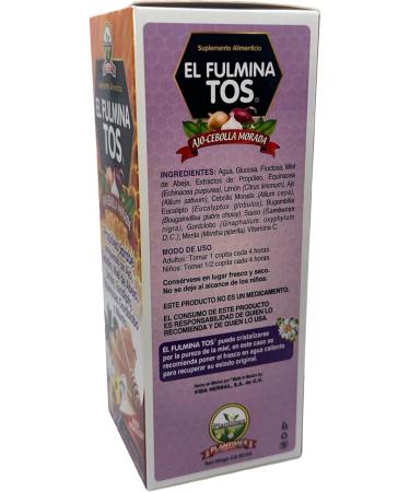Fulminatos EL FULMINA TOS Propoleo +AJO + CEBOLLA +Miel+Limon+Eucalipto+Equinacea+Gordolobo & Menta (Propolis Syrup W/Garlic and Onion) 8.11 fl oz Nutritional Supplement Cough Syrup FULMINA TOS - Buy Online on GoSupps.com