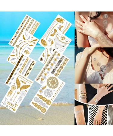 8 Sheets Gold Metallic Temporary Tattoos for Women - Shimmer Designs, Jewelry Fake Tattoo Stickers - Waterproof Body Makeup - Buy Online on GoSupps.com