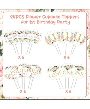 Funmemoir Flower First Birthday Decorations for Girl - 24PCS Pink Floral Cupcake Toppers for Isn't She Lovely Isn't She Onederful Little Miss Onederful Baby Girl 1st Birthday Party Decorations - Buy Online on GoSupps.com