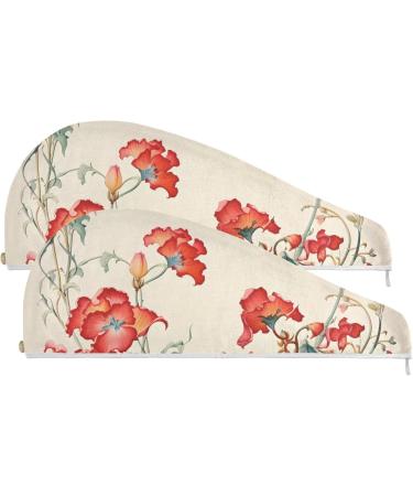 Red Wildflowers Hair Towel 2 Pack - Super Absorbent Quick Dry Hair Turbans for Women & Girls | Ideal for Fast Hair Drying & Stylish Wraps - Buy Online on GoSupps.com