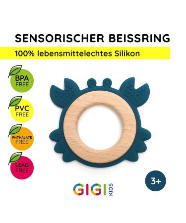 Gigi Kids Baby Crab Bite Rings - 100% BPA-Free Silicone & Beech Wood Teething Toys for 3 Months+ Beige & Dark Blue - Buy Online on GoSupps.com