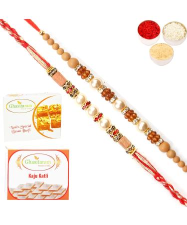 Ghasitaram Gifts Rakhi for Brother Rakhis Online - Set of 2 6299 6340 Pearl Rakhis with 200 GMS of Besan Barfi and 200 GMS of Kaju Katli