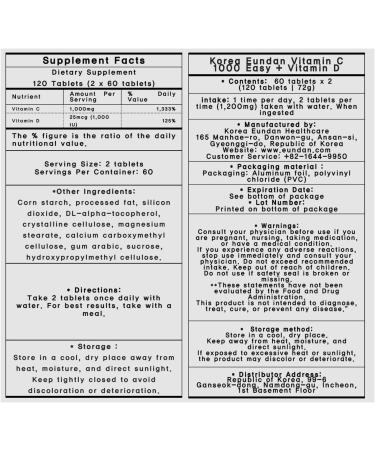 GIANANO Individually Packaged Vitamin C+D for Korea Vitamin K.O.R.E.A.E.U.N.D.A.N Vitamin C 1 000mg (60 Days Supply / 120 Tablets 72g) - Buy Online on GoSupps.com