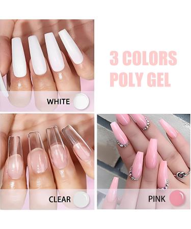 Poly Nail Gel Kit With Lamp UV 3 Color Nail Builder Gel Full Set With Chrome Nail Powder Poly Nail Extension Gel For Beginner False Nail Crystal Gels Enhancement For Women Gift (ClearWhitePink) - Buy Online on GoSupps.com