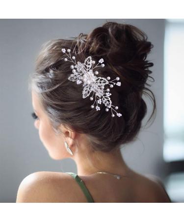 Bridal Rhinestone Pearl Silver Crystal Flower Hair Clip Comb | Wedding Headpiece for Women Girls Bridesmaid - Buy Online on GoSupps.com