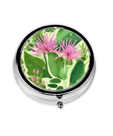 Pink Plant Flowersround Pill Box 3 Compartments Round Pill Box Organizer for Purse Or Pocket &*Portable Travel Pill Box