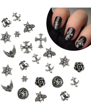 Cross Nail Art Charms 3D Cute Punk Metal Nail Decorations for Women & Girls - 50PCS Antique Silver DIY Manicure Accessories Retro Rose Studs Rivets Hearts Ornaments - Buy Online on GoSupps.com