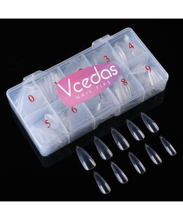 Vcedas 500PCS Stiletto Long Full Cover Nail Tips Clear Pointed Stiletto Shaped False Nails 10 Sizes for Acrylic Sharp Nail with Box 500PCS Long Stiletto