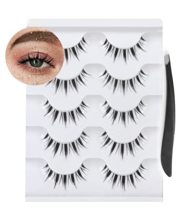 FANXITON Natural Lashes 14MM Manga Lashes with Clear Band 5 Pairs Japanese Lashes Makeup Short 3D False Eyelashes with Applicator Clear Band(M1)-14MM