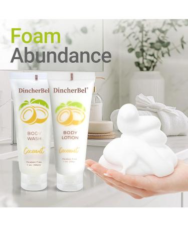 DincherBel Travel Size Body Wash and Body Lotion - Bulk Hotel Toiletries Supplies for Guests - Refreshing Tropical Coconut Scent Shower Gel and Body Cream for Men & Women (1 Fl Oz 100 Pack) - Buy Online on GoSupps.com