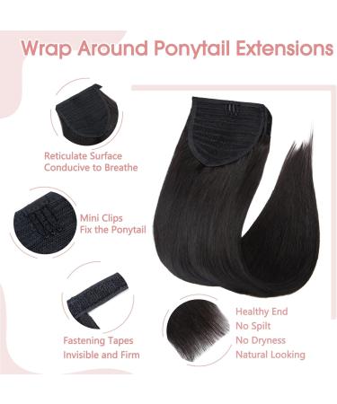 Wrap around Ponytail Hair Extension with Clip in One Piece Remy Human Hairpiece Straight 16 inches #1B Natural Black - Buy Online on GoSupps.com