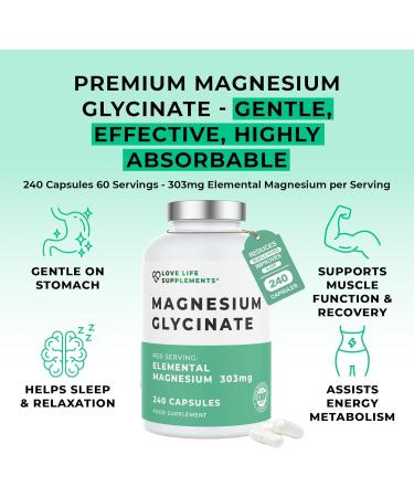 Chelated Magnesium Glycinate Supplements - 2750mg (303mg Mg) | 240 Capsules | Highly Bioavailable | Made in UK | Love Life Supplements - Buy Online on GoSupps.com