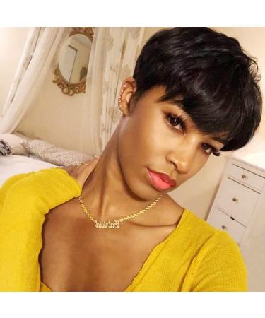 Creamily Pixie Cut Wigs for Black Women Human Hair Short Wigs Pixie Cut Wigs with Bangs Short Black Layered Wavy Wigs for Women 1B Color Natural Black