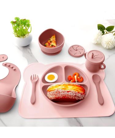 Newtay 8 Pack Baby Feeding Set - Silicone Suction Divided Plate, Bibs, Bowl, Placemat, Spoon, Fork, Cup with Straw - Dark Pink - Toddler Tableware - Buy Online on GoSupps.com
