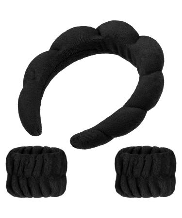 1 Set Makeup Headband Puffy Spa Headband Sponge Terry Towel Cloth Fabric Headbands Spa Wristband for Women Cute Hair Accessories for Skincare Shower Face Washing Makeup Removal Facial Mask (Black)