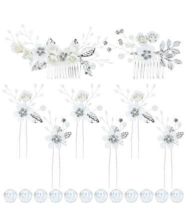 inSowni 20 Pieces Rhinestone Pearl Bridal Wedding Party Prom White Flower Hair Side Combs Slides +U-shaped Floral Hair Pins+Twist Spiral Pearl Hairpins Headpieces for Brides Bridesmaids Girls Women Pure White