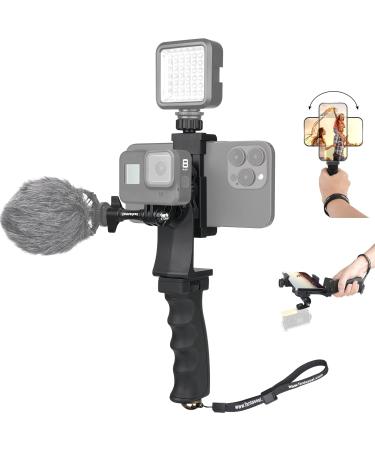 2in1 Ergonomic Portable Action Camera+Smartphone SYN Hand Grip Stabilizer Combo Mount Video Vlogging Rig Holder Kit for GoPro iPhone Interview Travel YouTube Tiktok Streaming-Mic+Light Adapter Vlogging stablizer