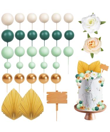 Izoel boho tortendendeko kuchendeko tortendendendeko balls palm leaves flowers happy birthday wooden decoration mini ball cake topper for birthday wedding baby shower baby party green