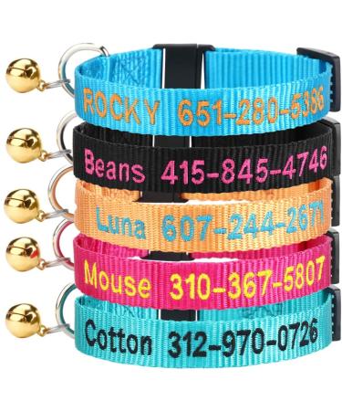 Personalized Cat Collar with Bell,Custom Cat Collars with Name and Phone Number Adjustable Nylon Embroidered ID Collar for Cat with Breakaway Safety Release Buckle