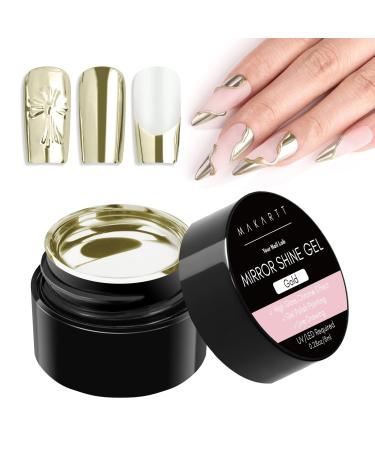 Makartt Chrome Gel Nail Polish - 8ml Metallic Gel Nail Polish Gold 3D Metal Painting Gel for Nail Art Soak off UV/LED Glossy Mirror Effect Nail Glue Gel for Home Salon DIY Manicure Gold-8ml Mirror Shine Gel