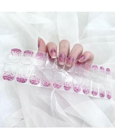 22PCS Gel Nail Stickers Semi Cured Nail Wraps Purple Glitter Self-Adhesive Gel Nail Strips Full Wraps Nail Polish Stickers with Soft Glossy Gel Finish French Manicure Stickers for Women and Girls