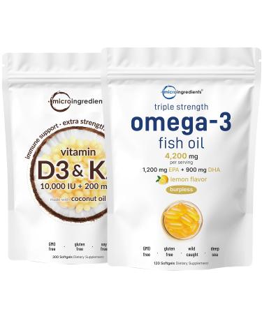 Micro Ingredients Vitamin D3 10 000iu + K2 200mcg Coconut Oil Softgels & Omega-3 Fish Oil 4 200 mg Bundle 2 Pack | Essential Sunshine Vitamins | Wild-Caught Fish Lemon Flavored Burpless