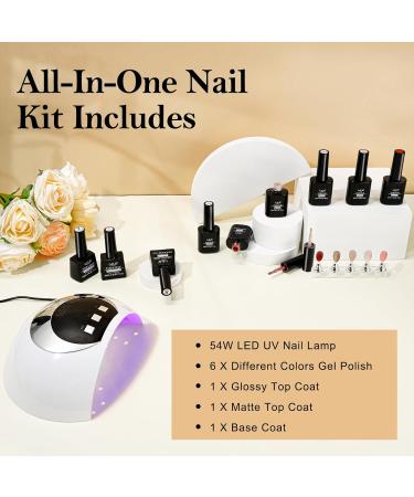 Gel Nail Kit Set with 6 Colors, 54W UV Lamp, Glossy & Matte Top/ Base Coat - Pink, Gray, White Gel Polish Starter Kit for DIY Nail Art at Home - Buy Online on GoSupps.com