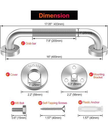 SUS304 Stainless Steel 16-inch Anti-Slip Shower Grab Bars - 2 Pack for Bathroom Safety - Buy Online on GoSupps.com