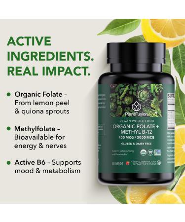 PlantFusion Organic Methylated Vitamin B Complex Vegan B12 3000mcg Folate 680mcg DFE B6 from Organic Sprouts Berry-Flavored Lozenges 60 Count - Buy Online on GoSupps.com