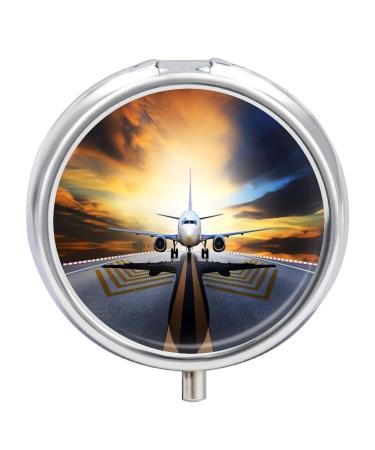 Round Pill Box Backpack Airplane Print 3 Compartment Medicine Pill Case Print Pill Organizer Decorative Metal Portable Pill Box Pocket Pill Box
